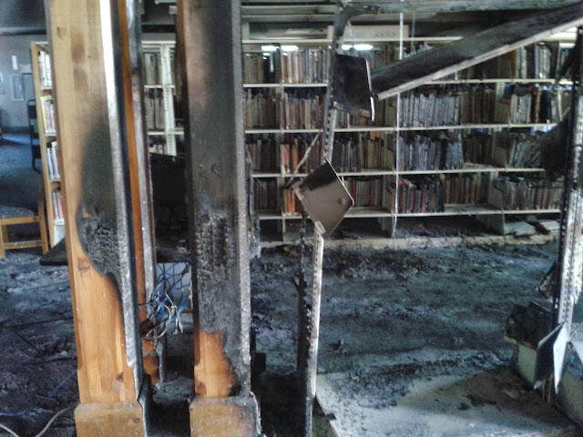 Burned columns inside the library.