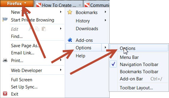 The options sub-menu in Firefox