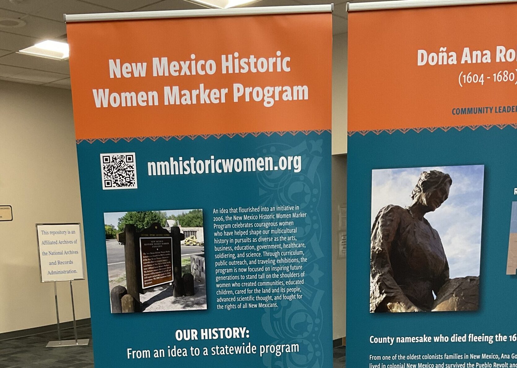 Close up picture of the top half of the introductory banner reading "New Mexico Historic Women Marker Program. nmhistoricwomen.org. Our history: from an idea to a statewide program."