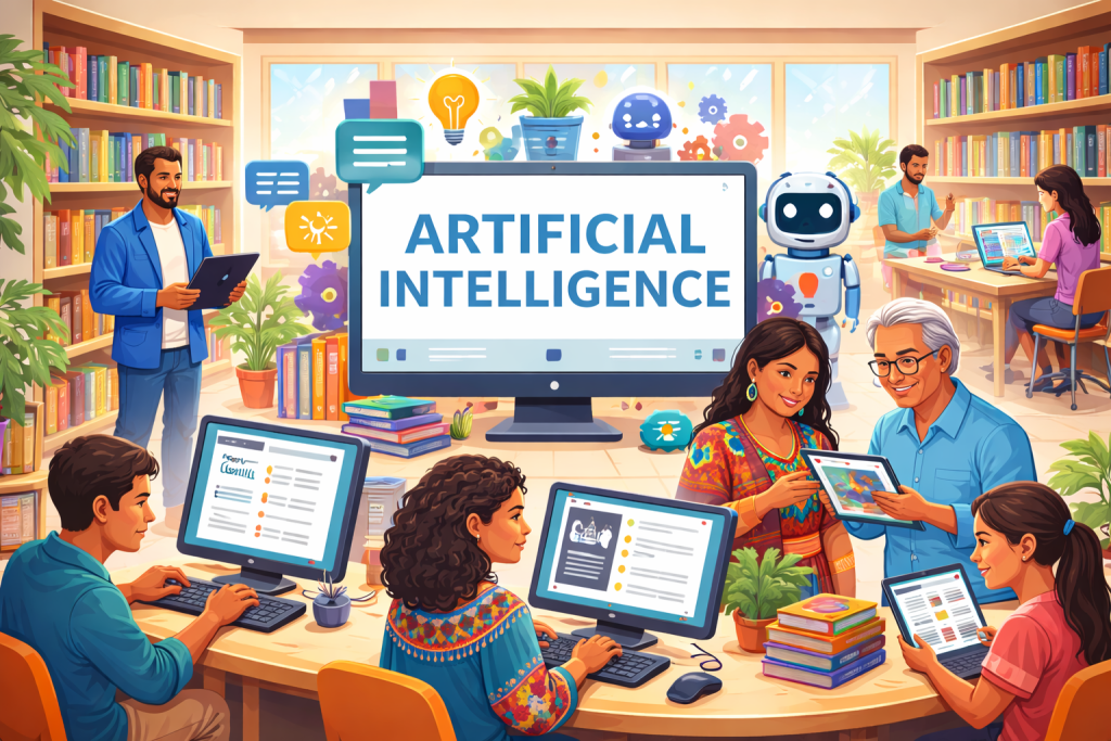 People using computers and tablets in a library