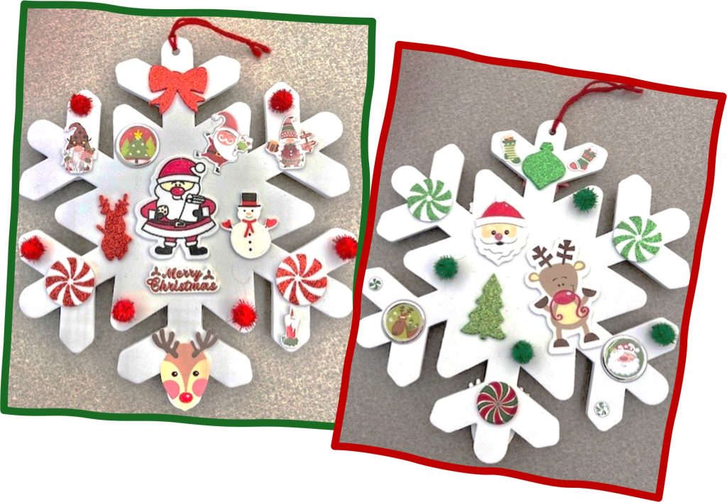 Decorated white foam snowflake, front and back.