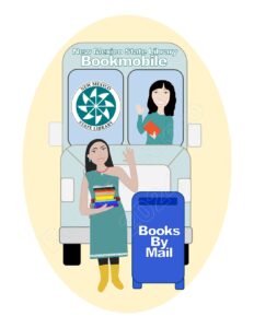 Illustration of bookmobile and books by mail employees