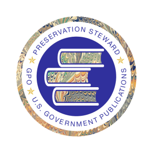 A circle with the words GPO Preservation Steward U.S. Government Publications, blue on a white background encircling three stacked books with marbled edges